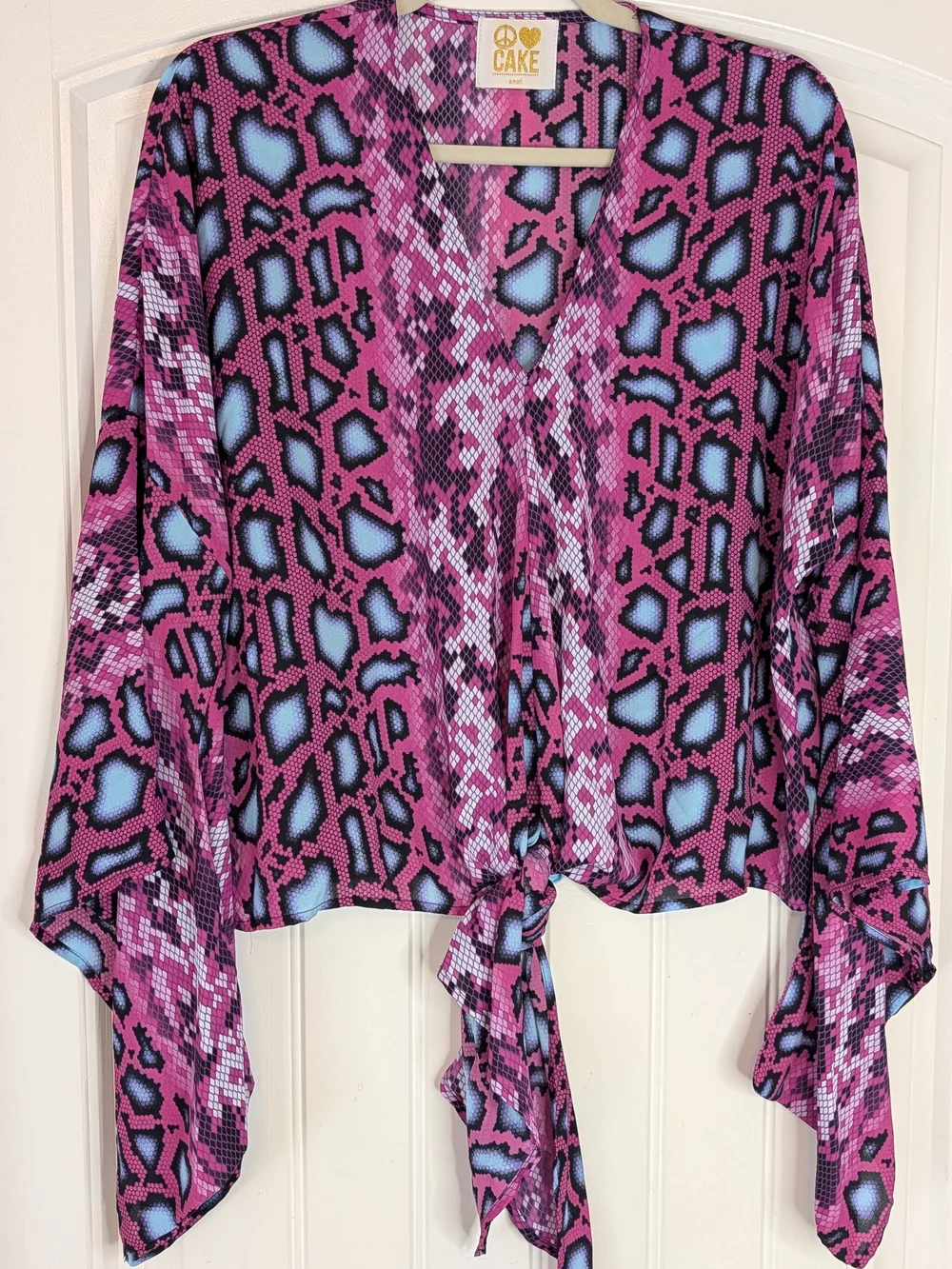 Peace Love Cake Bold Snake Print Patterned Tie Front Blouse Flared Sleeves